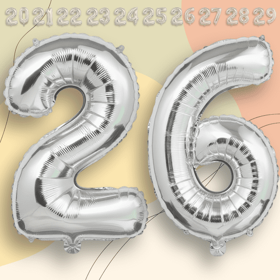 Silver Number 26 Mylar Foil Balloon 40" - Helium or Air Inflatable Metallic Balloons for 26th Birthday Party, Anniversary, Graduation Decorations