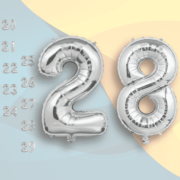 Silver Number 28 Mylar Balloon 16 inch - Air Inflation Only Self-Seal Plain Foil Balloons for 28th Birthday HBD Party, Anniversary, Graduation Decor