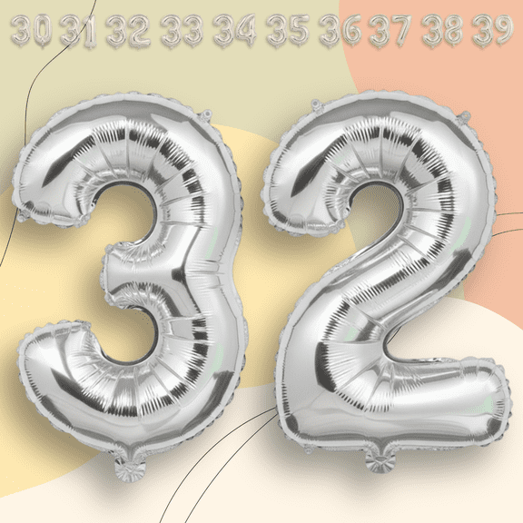 Silver Number 32 Mylar Foil Balloon 40" - Helium or Air Inflatable Metallic Balloons for 32nd Birthday Party, Anniversary, Graduation Decorations