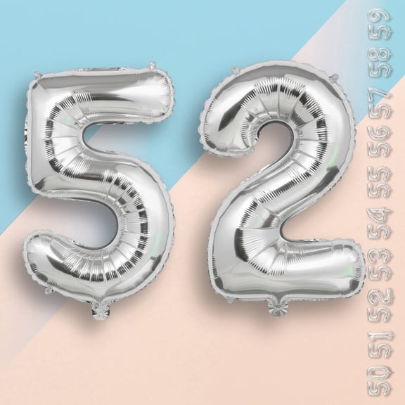 Silver Number 52 Mylar Balloon 16" - Air Filled Only Self-Seal Metallic Foil Plain Balloons for 52nd Birthday Party, Anniversary, Graduation Decor