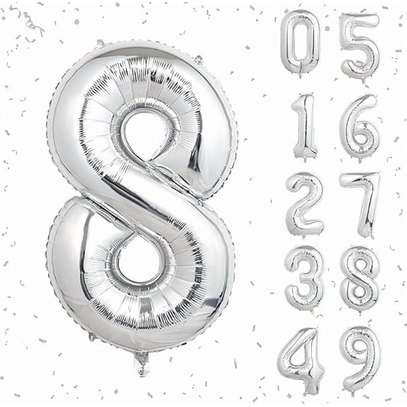 Silver Number 8 Foil Mylar Balloon 40 Inch Self Sealing Metallic Balloon for Helium or Air, 8th Birthday, Anniversary Celebration Decor