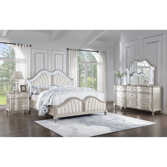 Silver Oak 4-Piece Eastern King Bedroom Set with Nightstand, Dresser, Mirror, Glam Design, Hexagonal Knobs, Pearlescent Pulls