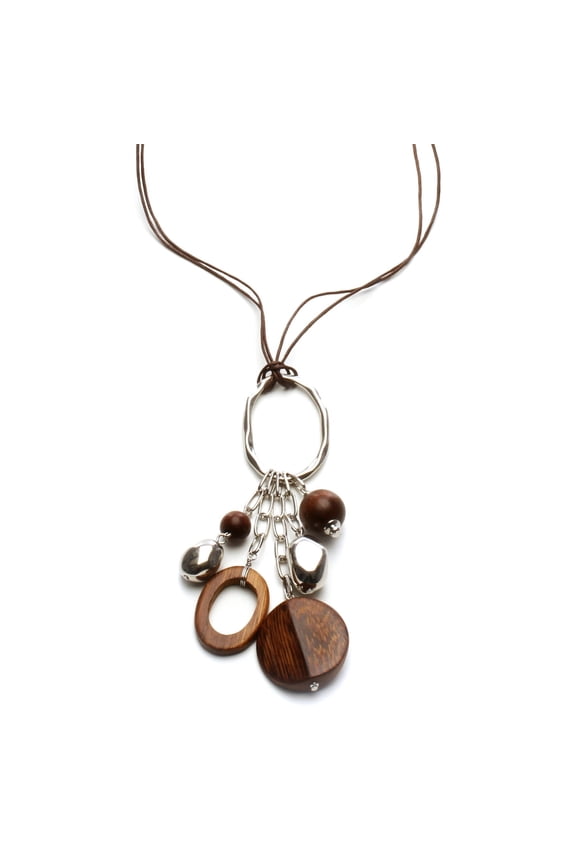 Boho Wood and Silver Tone Charm Pendant Necklace - Natural Brown Wooden Statement Jewelry Necklace Silver
