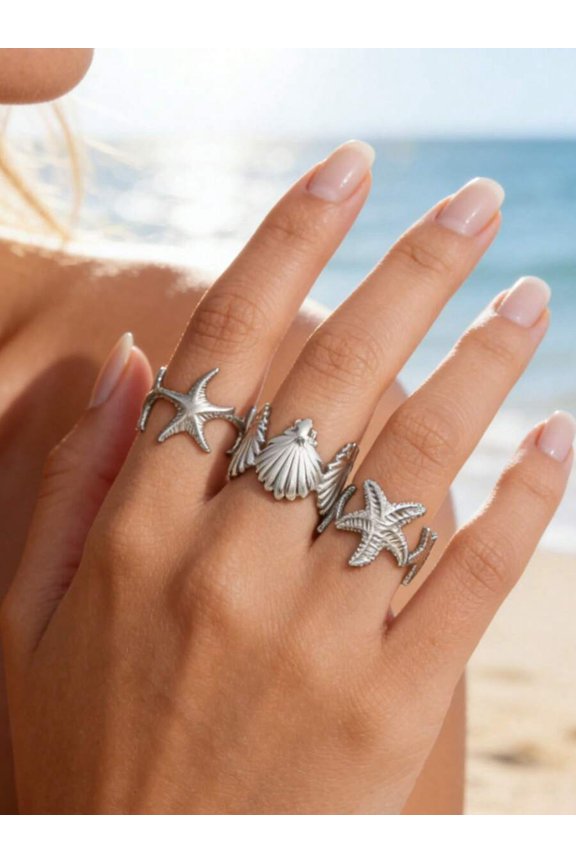 Silver Ocean Style 3-Piece Ring Set: Starfish & Shell Stainless Steel Open Rings for Women