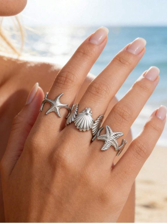 Silver Ocean Style 3-Piece Ring Set: Starfish & Shell Stainless Steel Open Rings for Women