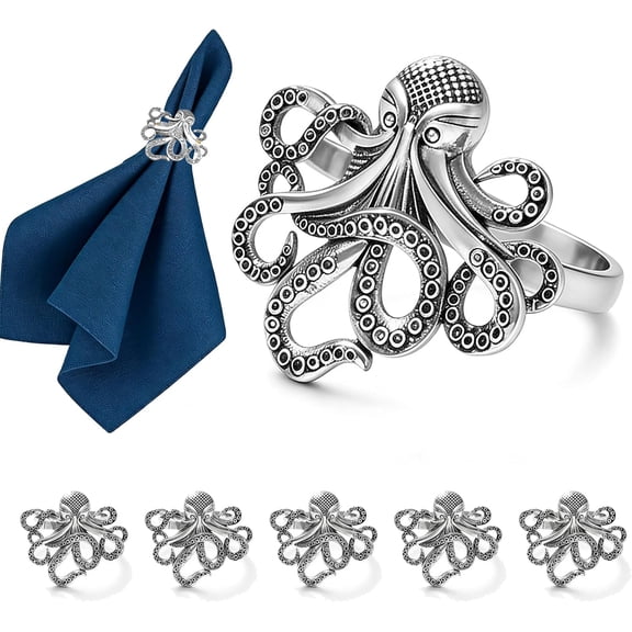 Silver Octopus Coastal Napkin Rings set of 6 Ocean Beach Napkin Rings for Beach Wedding Pool Party,Nautical Fish Napkin Ring Holders for Baby Shower Brithday Holiday Family Dinner Table Decor