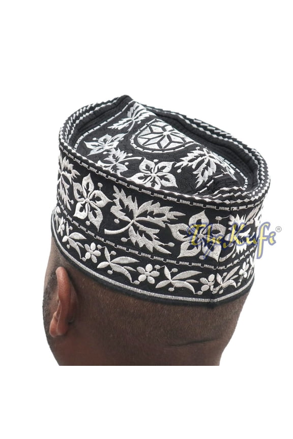 Silver Omani African Yemeni Embroidered Leaf Flower Design Muslim Kufi Hat (L-23"(58.5cm))