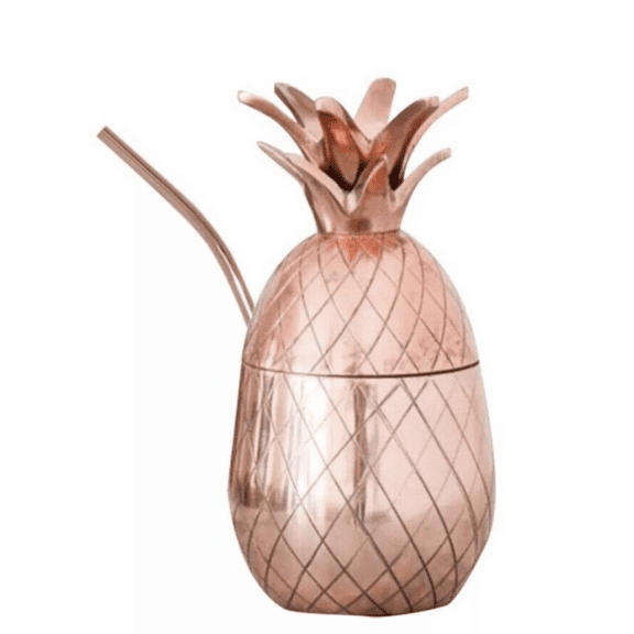 Silver One Stainless Steel Pineapple Tumbler Copper-Finish Cocktail Mug w Straw- 17oz