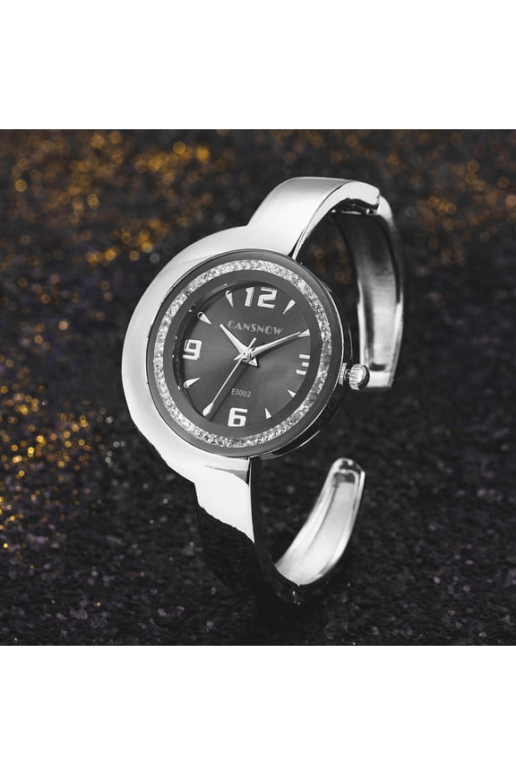 Silver Open Cuff Watch Polished Stainless Steel Crystal Encrusted Bezel