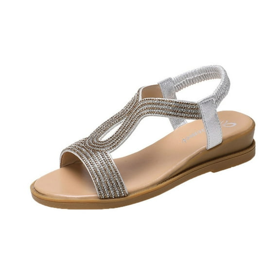 Silver Open Toe Flat Sandals Women Round Toe Silver Rhinestone Elastic Back For Everyday Wear