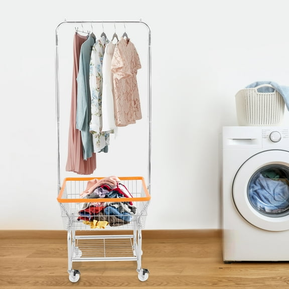Silver+Orange Laundry Cart with 4 Wheels and Hanging Rack, Metal Wire Laundry Hamper with Storage Basket and Shelf,Steel Frame Laundry Sorter Cart, 110 lbs Load Capacity