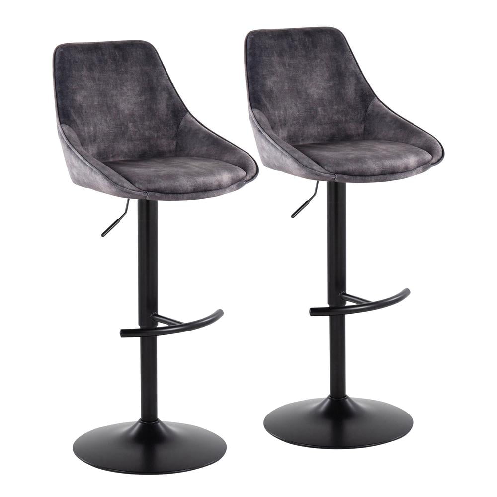 Gray Velvet Adjustable Swivel Barstools with Black Metal Base, Set of 2