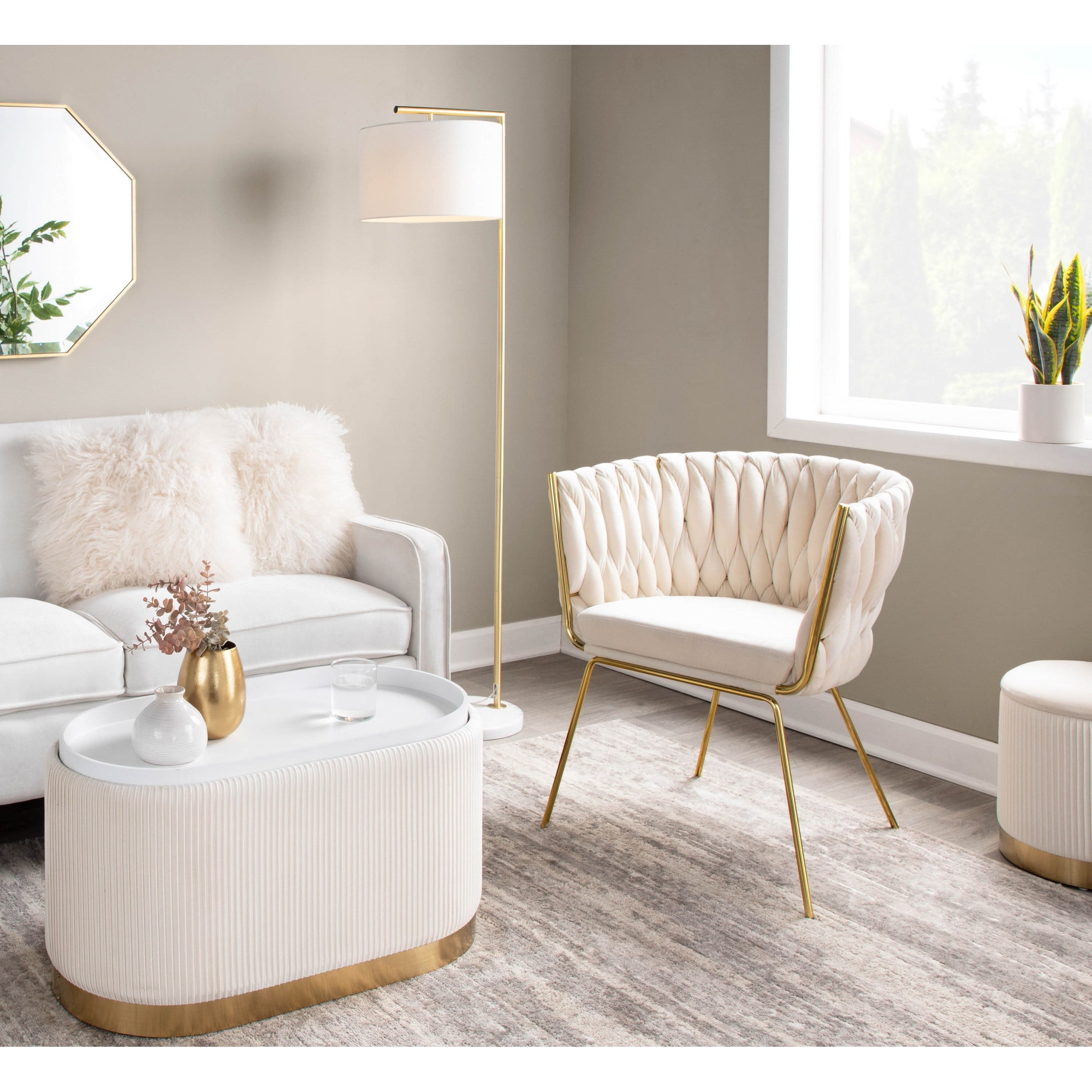 Elegant Braided Velvet Barrel Accent Chair with Gold Metal Legs