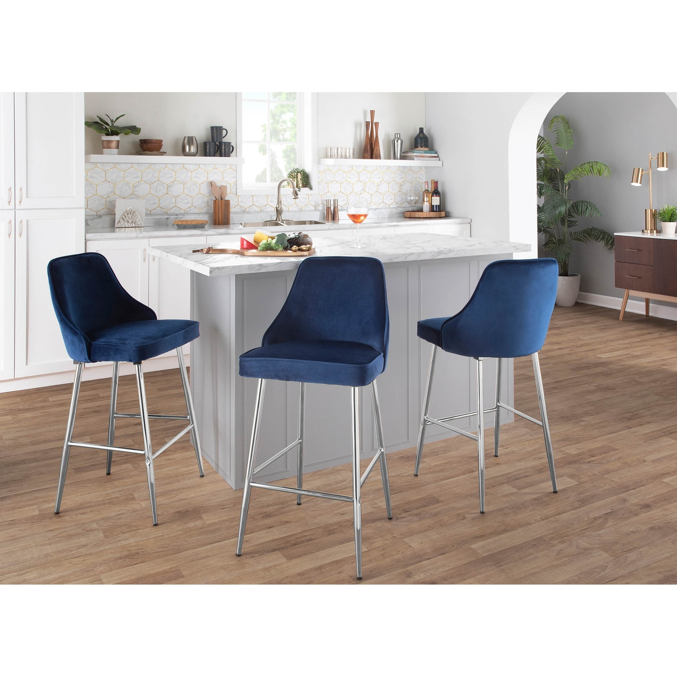 Navy Blue Velvet and Chrome Modern Counter Stools, Set of 2