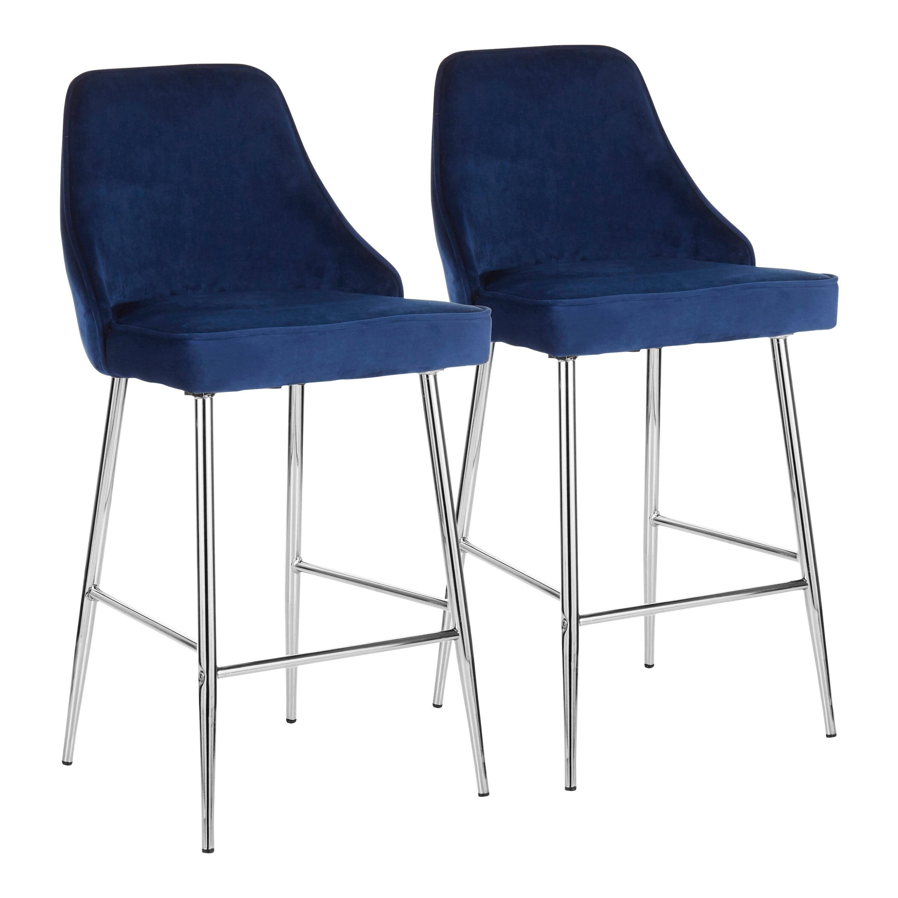 Navy Blue Velvet and Chrome Modern Counter Stools, Set of 2
