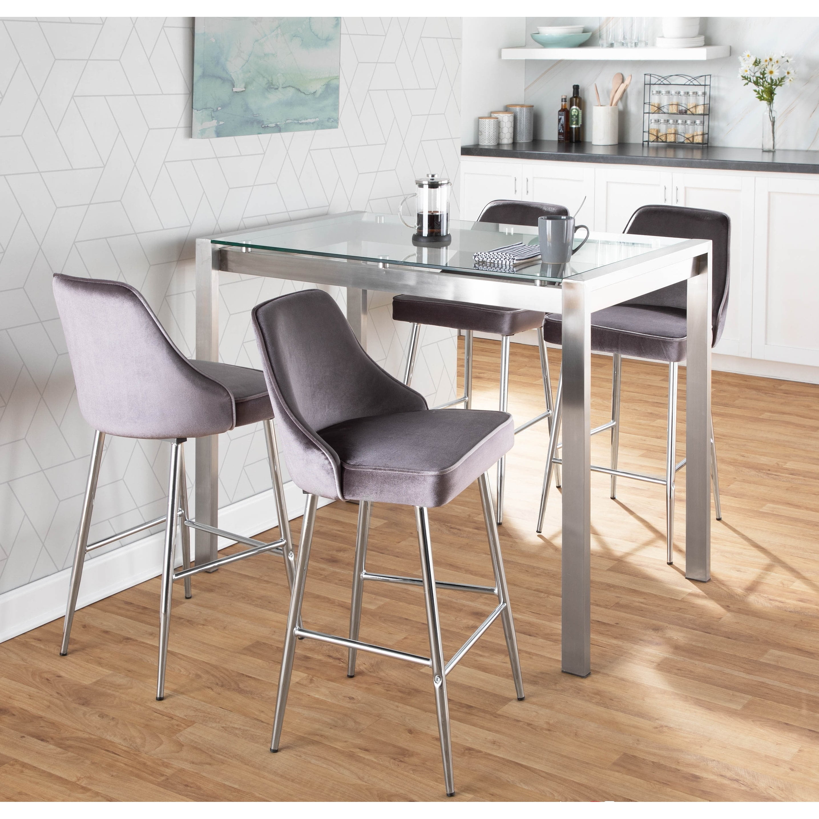 Marcel Silver Velvet and Chrome Contemporary Counter Stools - Set of 2