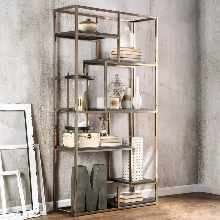 Silver Orchid Viby Contemporary 6 Shelf Metal Tiered Open Bookcase by Champagne Metallic Finish Goldtone Finish