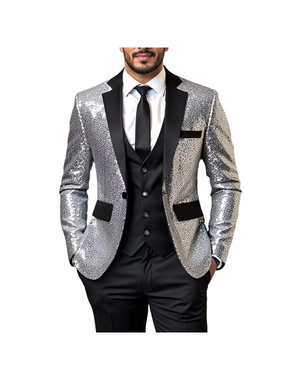 Silver Outerwear for Man Work Office Formal Date Night Evening Gowns Elegant Jackets Blazers Outfits Mens M