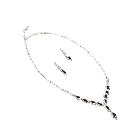 Silver Oval Rhinestone Y-style Necklace And Teardrop Pear Shape Dangle Earrings Jewelry Set