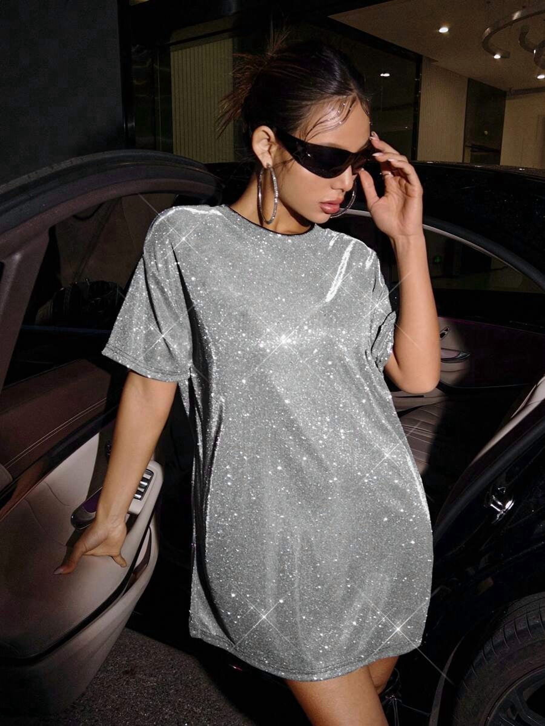 Silver Oversized Glitter Drop Shoulder Mini Tee Dress For Night Out