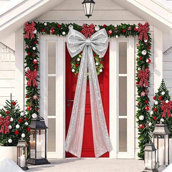 Silver Oversized Sequined Christmas Tree Topper Bow, 6.56 Ft Long Shimmer Streamer Bow, Pre‑Assembled Glitter Bow For Indoor Outdoor Xmas Door Mantel Stair Holiday Party Decor,Christmas Decorations