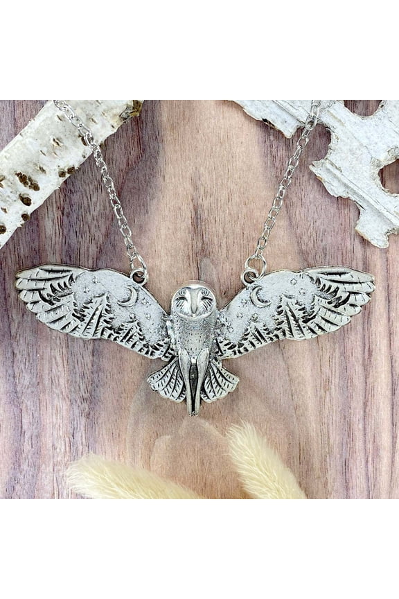 Silver Owl Necklace, Retro Moon Forest Owl Necklace, Moon Phase Art Jewelry Animal Totem Owl Necklace for Women/Men