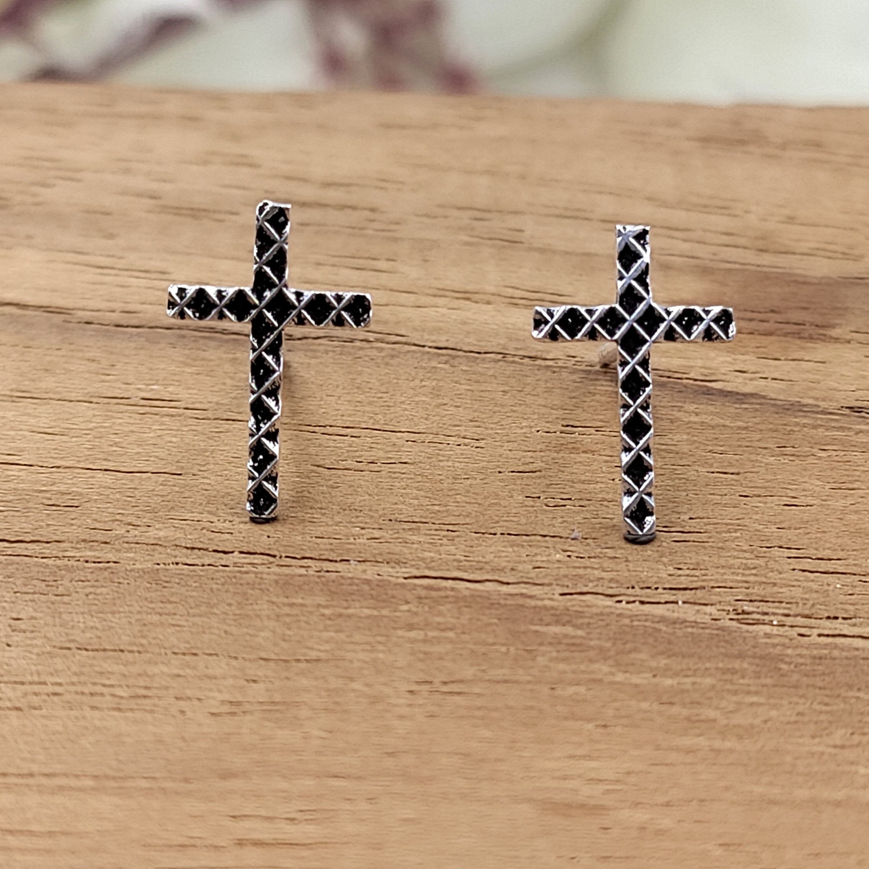 Silver Oxidised Black Cross Stud Earrings for Men and Women Religious
