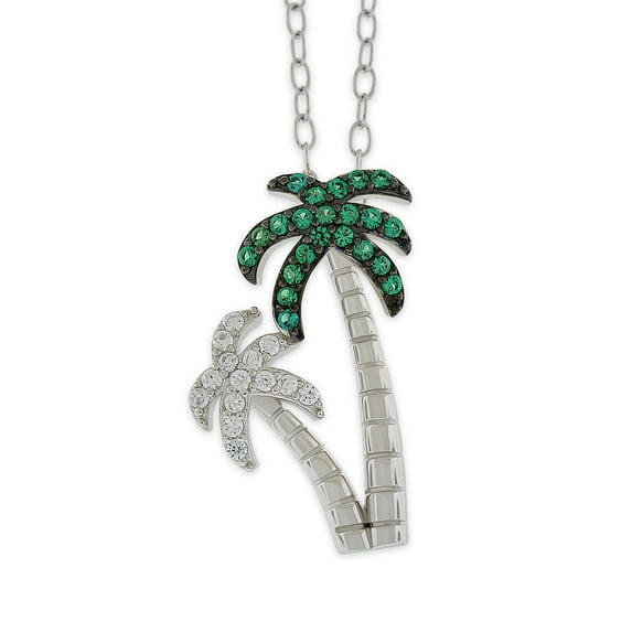 Silver Palm Tree Necklace with Cubic Zirconia Stones - 925 Sterling Silver -  Colored Tropical Tree Pendant - Adjustable Silver Necklace 16”-18” Included!