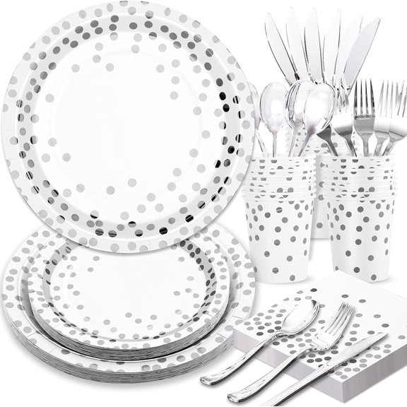 Silver Paper Plates and Napkins Party Supplies, White and Silver Plates Serve 24, 168Pcs Silver Party Decorations for Wedding Bachelorette First Communion Graduation Party