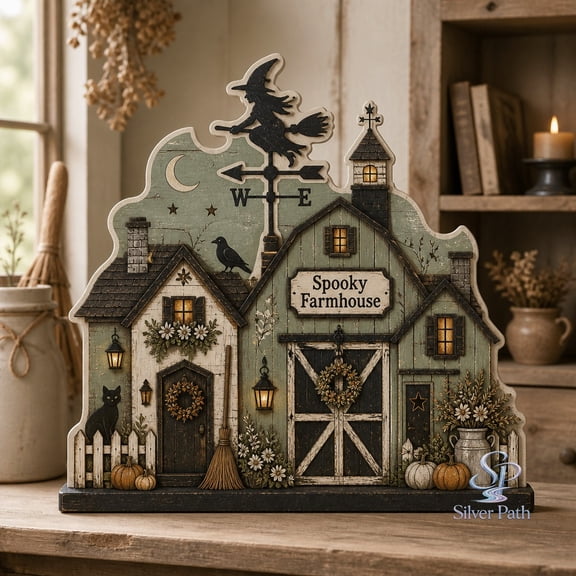 Silver Path Rustic Wooden Block Shelf Decor Spooky Farmhouse