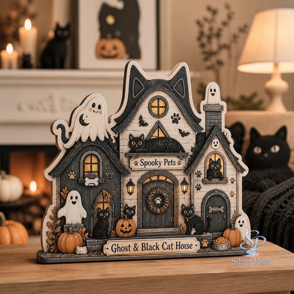 Silver Path Wooden Block Decor Ghost and Black Cat House Halloween