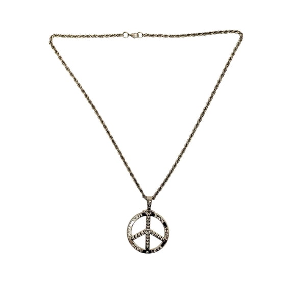 Silver Peace Sign Large Pendant Necklace 70's Costume Party Jewelry Hippie Accessories