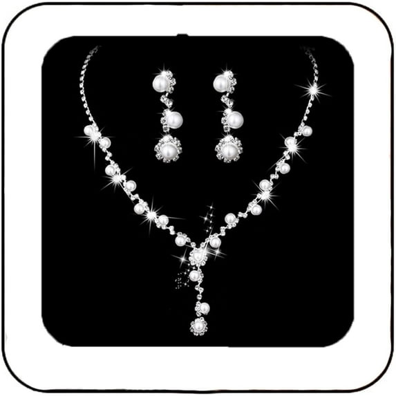 Silver Pearl Bridal Wedding Jewelry Set Rhinestone Necklace Earrings Bracelet Sets Formal Costume Jewelry for Women and Brides