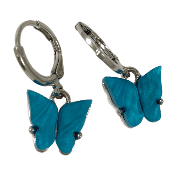 Pearly Butterfly Huggie Hoop Earrings in Silver - Dark Teal