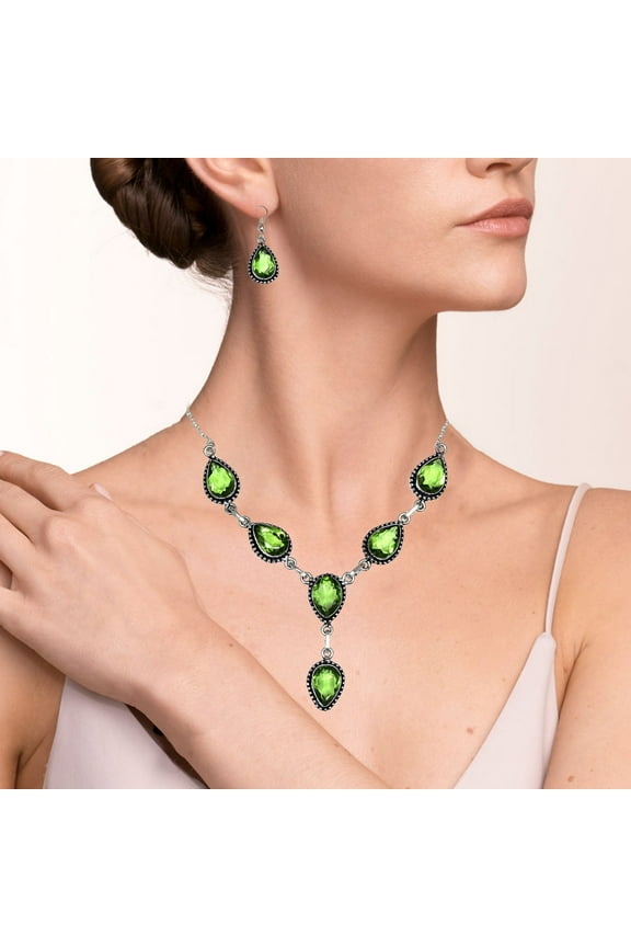 Silver Peridot 925 Jewelry Necklace Quartz Gemstone Set Sterling 16-18'' Ethnic
