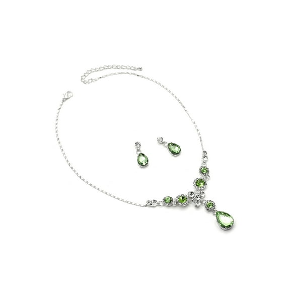 Silver Peridot Rhinestone Tear Drop Necklace with Peridot Dangle Tear Drop Earrings Set