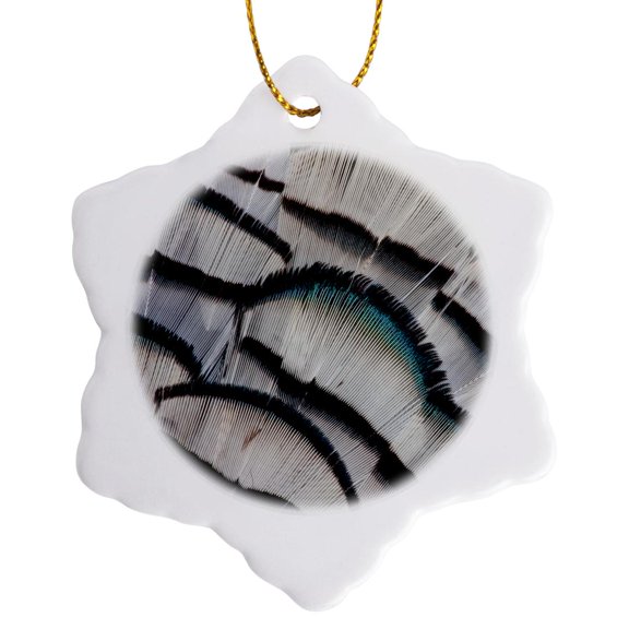 3drose, Silver Pheasant Feather Fan Design., 3 inch Snowflake Porcelain Ornament