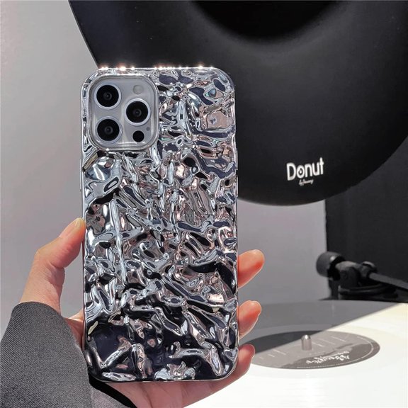 Silver Phone 14 Case case Glitter Case Fashion Bling Glitter Silver Cute Soft Silicone Tin Foil Shockproof Soft Case Cover for 14 (3D Bling Pleats)