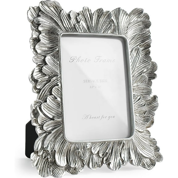 Silver Picture Frame 3x5 Frames, Vintage silver Palm Leaves Textured Hand-Crafted Resin with Glass Front Elegant Retro Vintage Design Photo Frame for Tabletop Display Home Decor