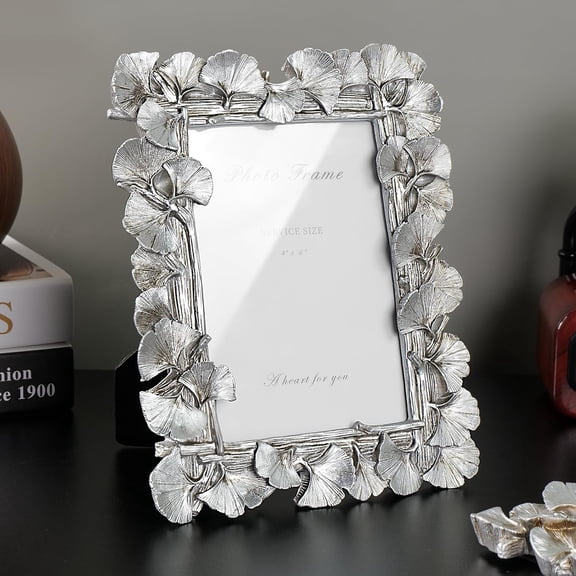 Silver Picture Frame 4x6 Vintage Silver Frames, Ornate Leaf Textured Hand-Crafted Resin with Glass Front Antique Photo Frame for Tabletop Display, Retro Design Home Decor