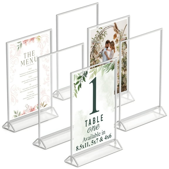 Silver Picture Frames Double-Sided, 6-Pack 5x7 Acrylic Table Number Holders, Clear Easel Stands for Signs, Silver Frames for Wedding Table Numbers, Menu Holders, Photo Displays for Events and Décor