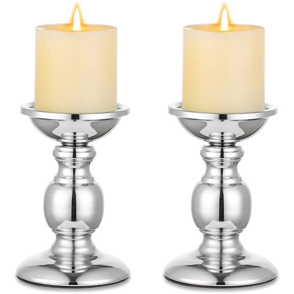 Silver Pillar Candle Holders: Metal Candle Stand for 3" Candles | (2 x S) Metal Candle Holder for Wedding Centerpiece Special Events Party Living Room Fireplace Table Decor