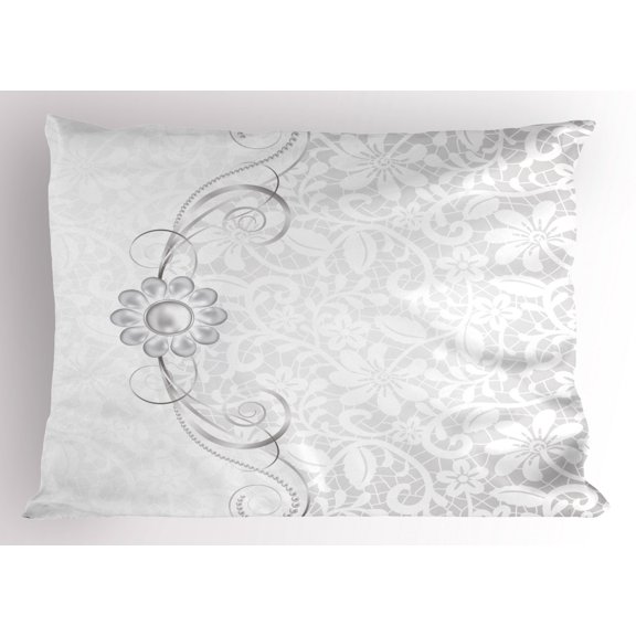Silver Pillow Sham Lace Inspired Flourish Motifs Background with Bridal Flower Border Wedding Theme, Decorative Standard King Size Printed Pillowcase, 36 X 20 Inches, Silver White, by Ambesonne