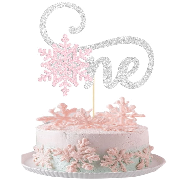 Silver & Pink Glitter One Snowflake 1st Birthday Cake Topper, Single Piece Snowflake Number 1 Cursive Design Premium Winter Girl 1st Birthday Cake Decorations for Baby Party Favors