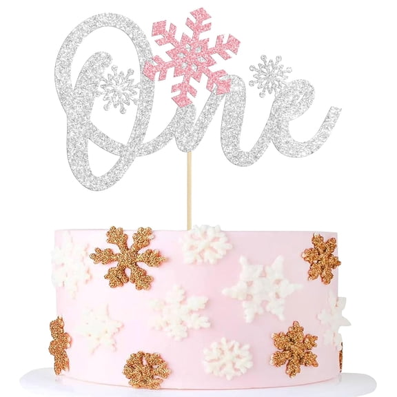 Silver & Pink Glitter One Snowflake 1st Birthday Cake Topper, Single Piece Snowflake Number 1 Cursive Design Winter Baby Girl 1st Birthday Cake Decor Supplies