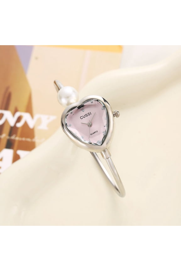 Silver Pink Heart Bangle Watch - Sweet Pearl Accent Wristwatch, Coquette Aesthetic Jewelry for Everyday