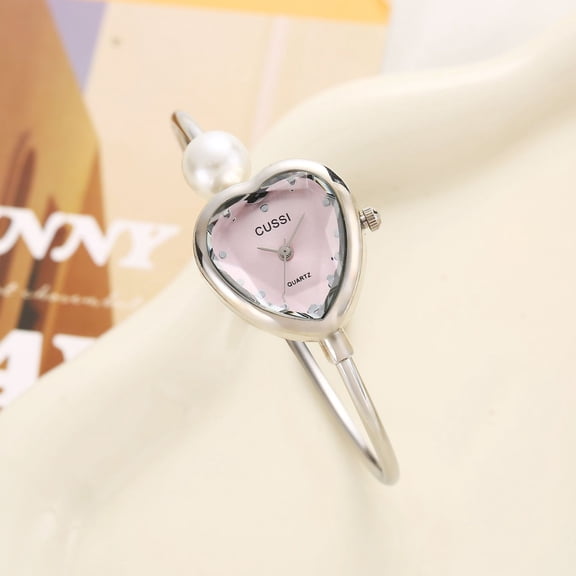 Silver Pink Heart Bangle Watch - Sweet Pearl Accent Wristwatch, Coquette Aesthetic Jewelry for Everyday
