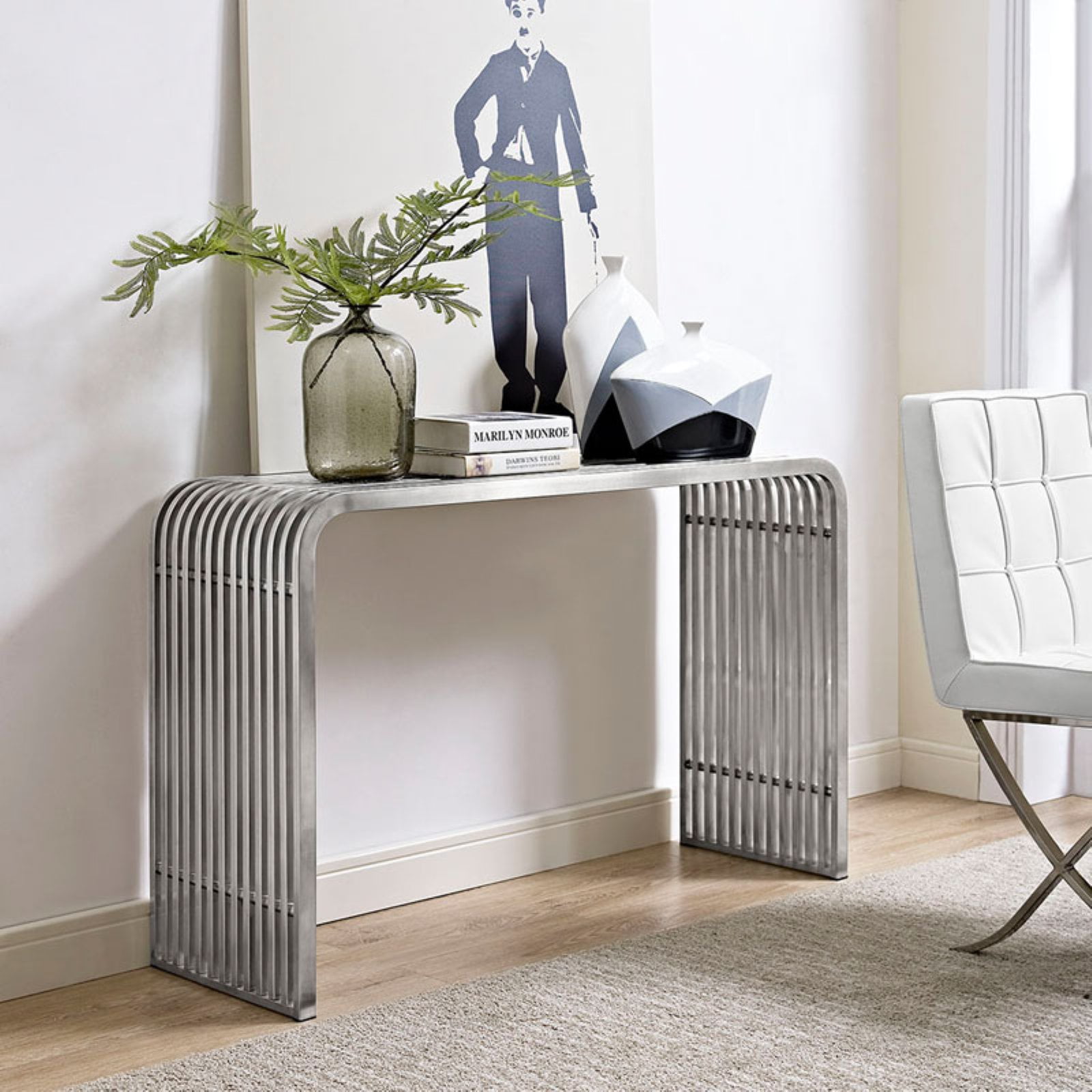 Polished Silver Stainless Steel Console Table with Seamless Design