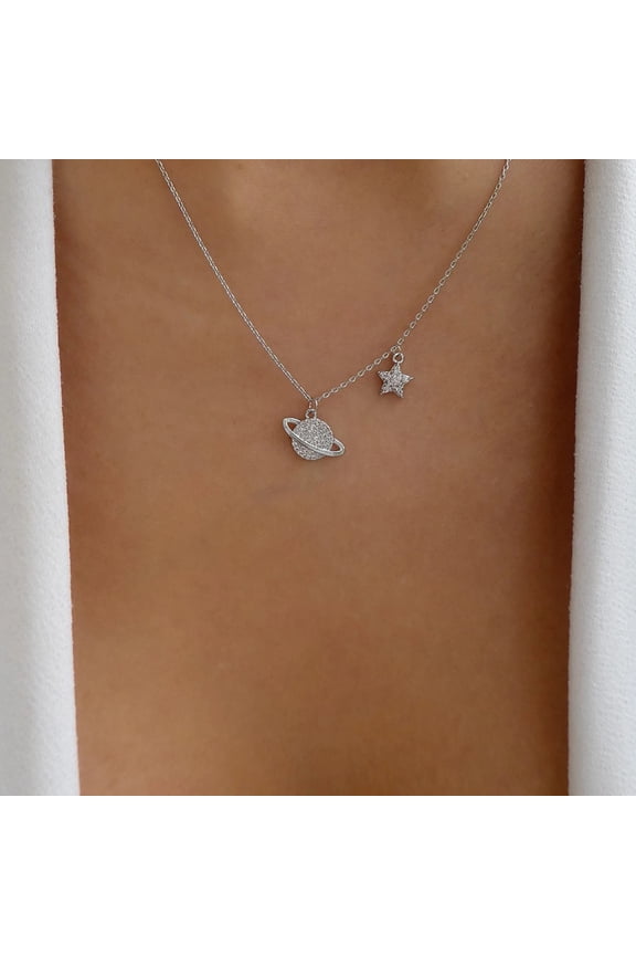 Silver Planet Pendant Necklace Sparkling Rhinestone Star Necklace Saturn Necklace Adjustable Women's Birthday Gift