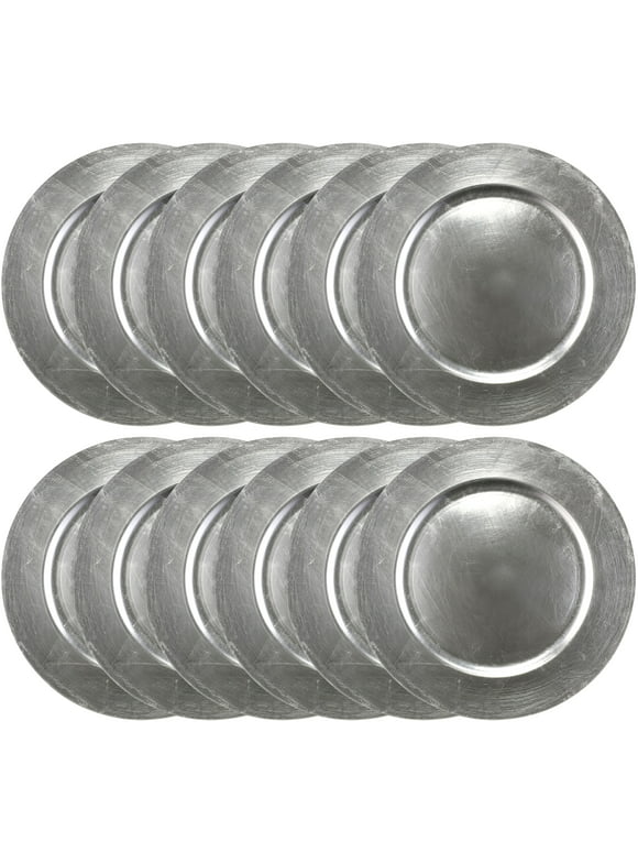 Silver Plastic Dinner Charger Plate by Celebrate It - Table Setting for Weddings, Birthdays, Engagement Parties, and Holidays - Bulk 12 Pack